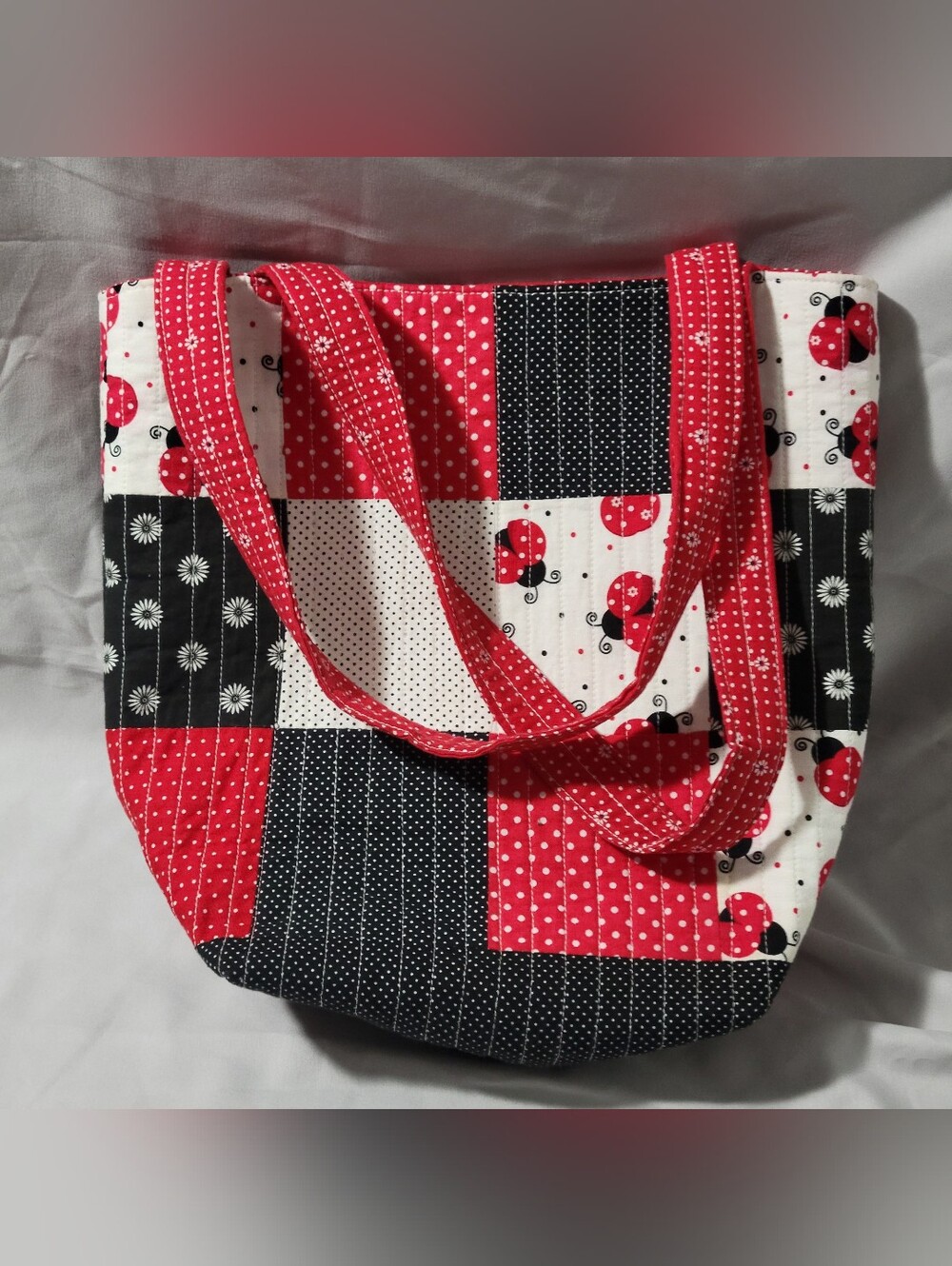 Ladybug Patchwork Quilted Tote in Red, Black & White